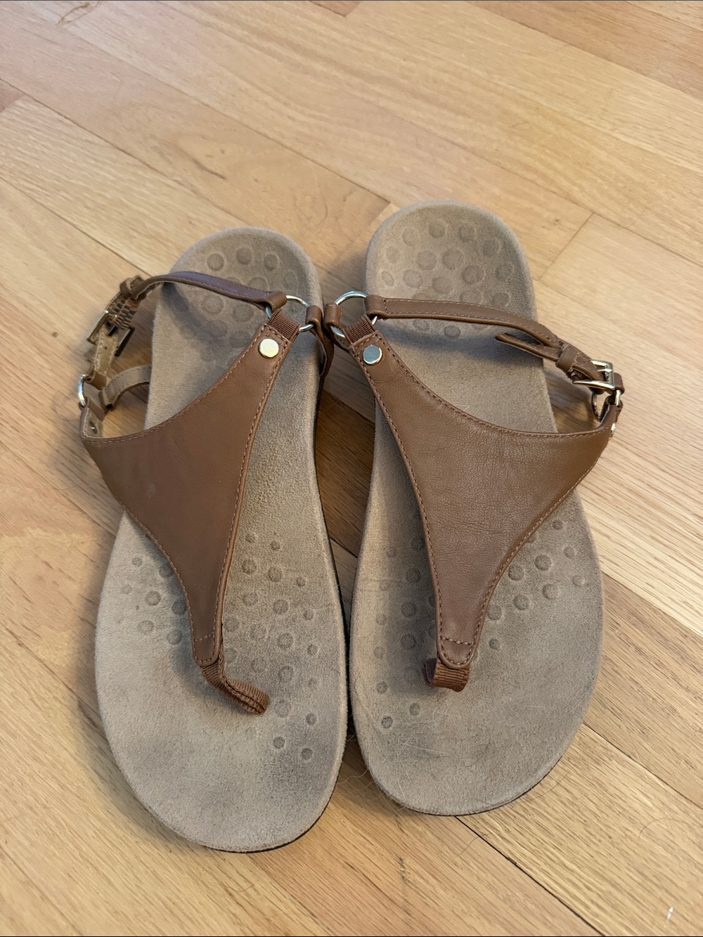 Vionic Brown Leather Thong Sandals with Adjustable Ankle Strap